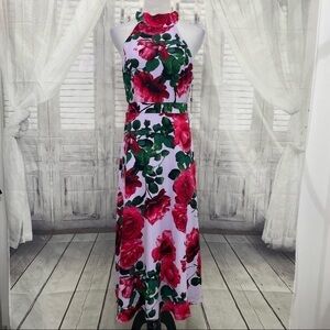 Laundry by Shelli Segal Size 8 Purple Red Floral Halter Midi Dress Fit & Flare